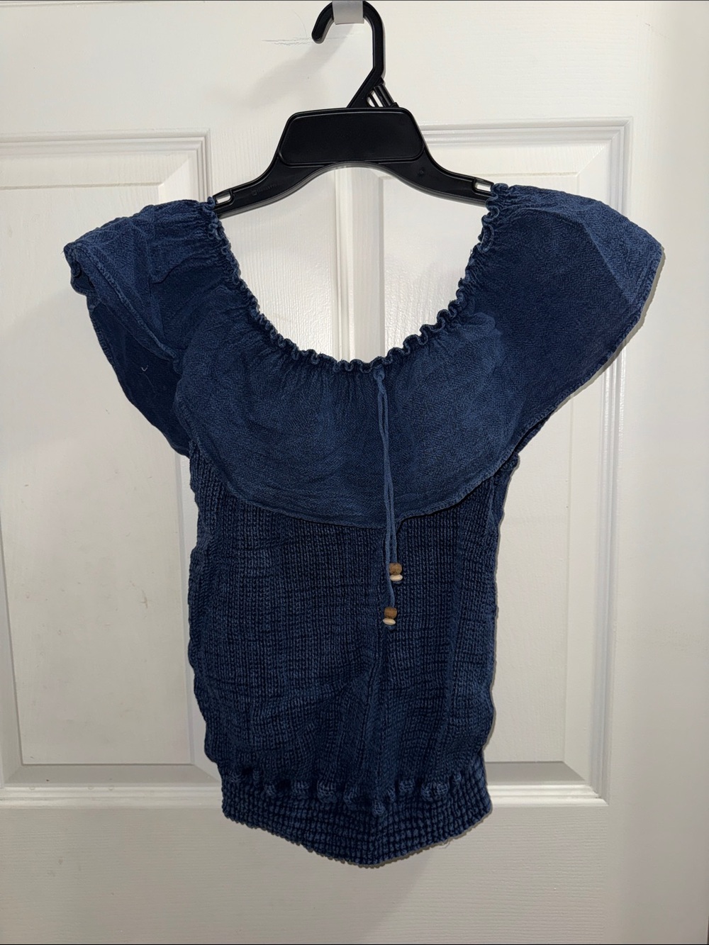 Women's Navy Blue Off-Shoulder Smocked Knit Blouse
